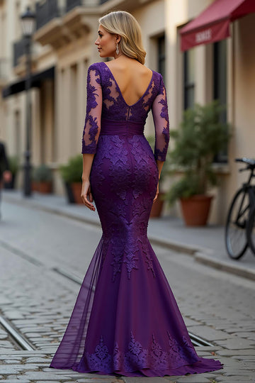 Mermaid V-Neck Plum Mother of the Bride Dress with Lace Appliques